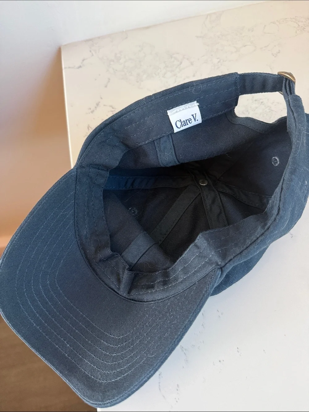 Clare V. Ciao Baseball Cap red block letters navy cotton canvas